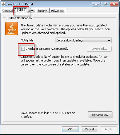 Figure 11 - Java Control Panel: Update Tab