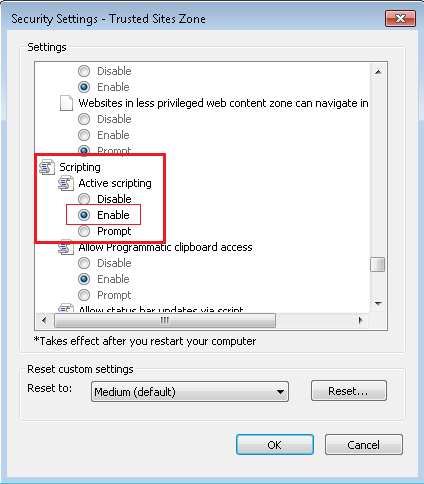 Figure 3 - Trusted Sites: Custom Security Level