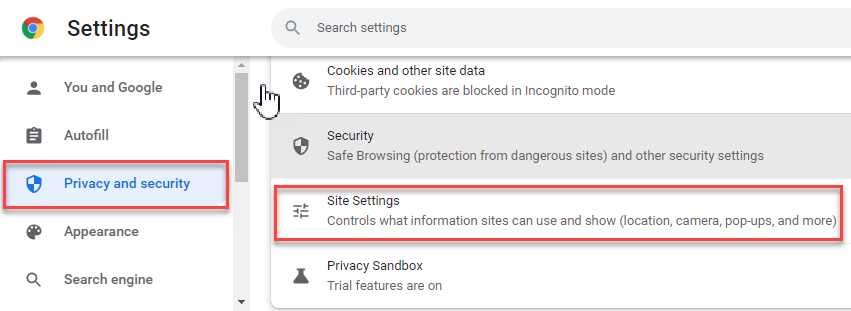 Figure 3 - Enable Pop-ups and redirects