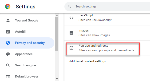Figure 4 - Enable Pop-ups and redirects