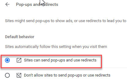 Figure 5 - Enable Pop-ups and redirects