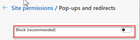 Figure 4 - Enable Pop-ups and redirects